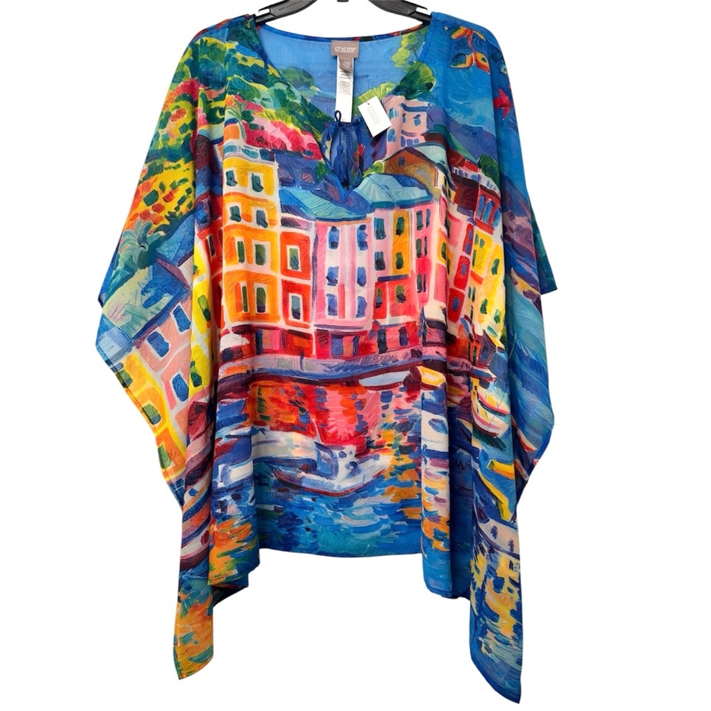 NWT Chico's Watercolor Shore Tie Front Poncho Caftan Top L/XL Resortcore